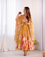 STUNNING YELLOW ROSE FLORAL FLARED ANARKALI DRESS WITH MATCHING TROUSERS
