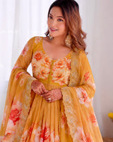 STUNNING YELLOW ROSE FLORAL FLARED ANARKALI DRESS WITH MATCHING TROUSERS