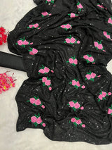 Flower Embroidery And Sequence Work Saree