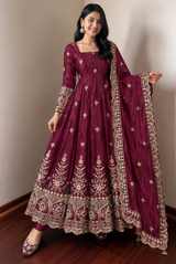 LUXURIOUS BURGUNDY EMBROIDERED ANARKALI GOWN SET FOR WEDDINGS & BRIDAL WEAR