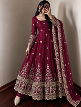 LUXURIOUS BURGUNDY EMBROIDERED ANARKALI GOWN SET FOR WEDDINGS & BRIDAL WEAR