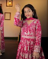 KIDS RANI PINK HEAVY EMBROIDERED FLARED ANARKALI GOWN WITH DUPATTA