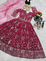 KIDS RANI PINK HEAVY EMBROIDERED FLARED ANARKALI GOWN WITH DUPATTA
