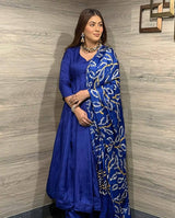 ROYAL BLUE ANARKALI SUIT SET WITH BANDHANI PRINTED DUPATTA