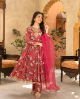 KIDS ROSE PINK FLORAL ETHNIC GOWN SET WITH EMBROIDERED NECKLINE