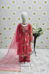 KIDS ROSE PINK FLORAL ETHNIC GOWN SET WITH EMBROIDERED NECKLINE
