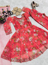 KIDS ROSE PINK FLORAL ETHNIC GOWN SET WITH EMBROIDERED NECKLINE