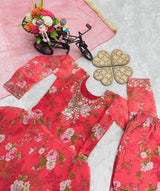 KIDS ROSE PINK FLORAL ETHNIC GOWN SET WITH EMBROIDERED NECKLINE