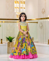 DESIGNER KIDS KALAMKARI MOTIF ETHNIC FESTIVE GOWN IN YELLOW AND PINK