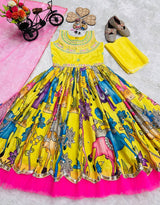 DESIGNER KIDS KALAMKARI MOTIF ETHNIC FESTIVE GOWN IN YELLOW AND PINK