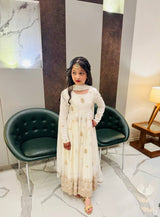 GIRLS OFF-WHITE GOLD EMBROIDERED ANARKALI GOWN WITH DUPATTA