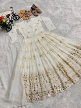 GIRLS OFF-WHITE GOLD EMBROIDERED ANARKALI GOWN WITH DUPATTA
