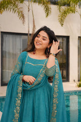 ELEGANT TEAL BLUE ANARKALI SUIT SET WITH GOLDEN EMBROIDERED DUPATTA & SLEEVES