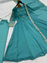 ELEGANT TEAL BLUE ANARKALI SUIT SET WITH GOLDEN EMBROIDERED DUPATTA & SLEEVES