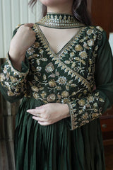 DESIGNER BOTTLE GREEN ETHNIC GOWN SET WITH MATCHING DUPATTA