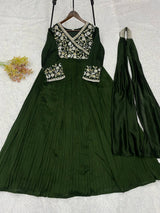 DESIGNER BOTTLE GREEN ETHNIC GOWN SET WITH MATCHING DUPATTA
