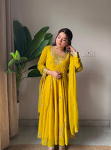 DESIGNER MUSTARD GEORGETTE ANARKALI SET FOR HALDI & WEDDING FUNCTIONS
