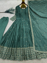 FESTIVE LONG FLARED ANARKALI GOWN SET WITH HEAVY CUFF & HEM EMBROIDERY