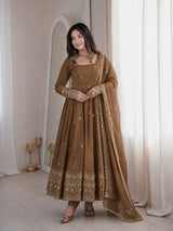 FESTIVE LONG FLARED ANARKALI GOWN SET WITH HEAVY CUFF & HEM EMBROIDERY