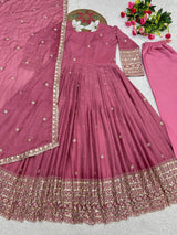 FESTIVE LONG FLARED ANARKALI GOWN SET WITH HEAVY CUFF & HEM EMBROIDERY