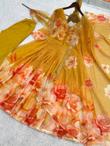 STUNNING YELLOW ROSE FLORAL FLARED ANARKALI DRESS WITH MATCHING TROUSERS