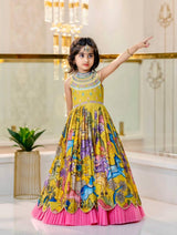 DESIGNER KIDS KALAMKARI MOTIF ETHNIC FESTIVE GOWN IN YELLOW AND PINK