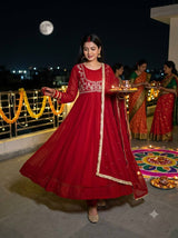 RED EMBROIDERED ANARKALI SUIT SET FOR KARWA CHAUTH & FESTIVE WEAR