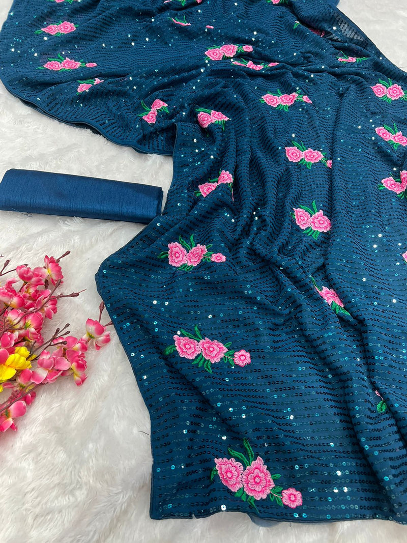 Flower Embroidery And Sequence Work Saree