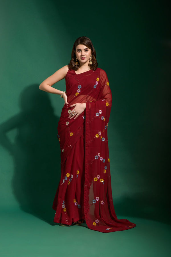 Red Sequined Saree In Georgette